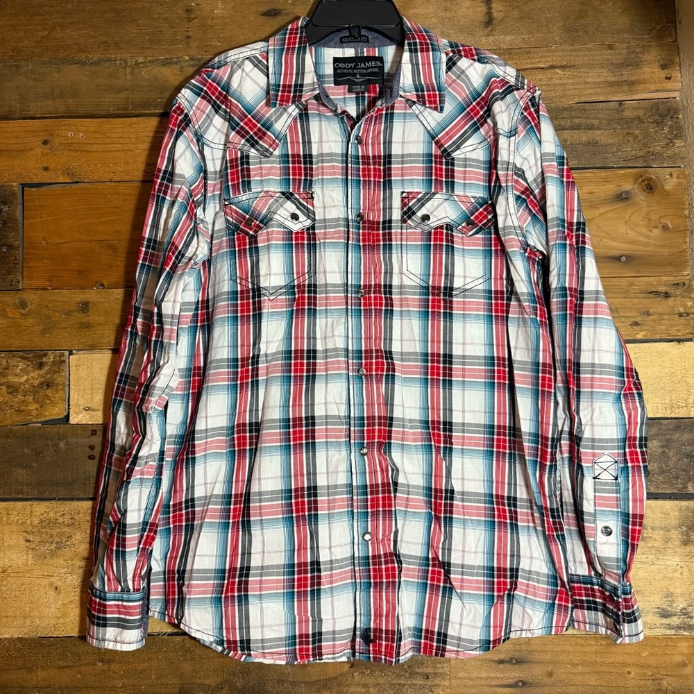 Cody James Shirt Mens Medium Red Plaid Western Shirt Pearl‎ Snap Regular Fit